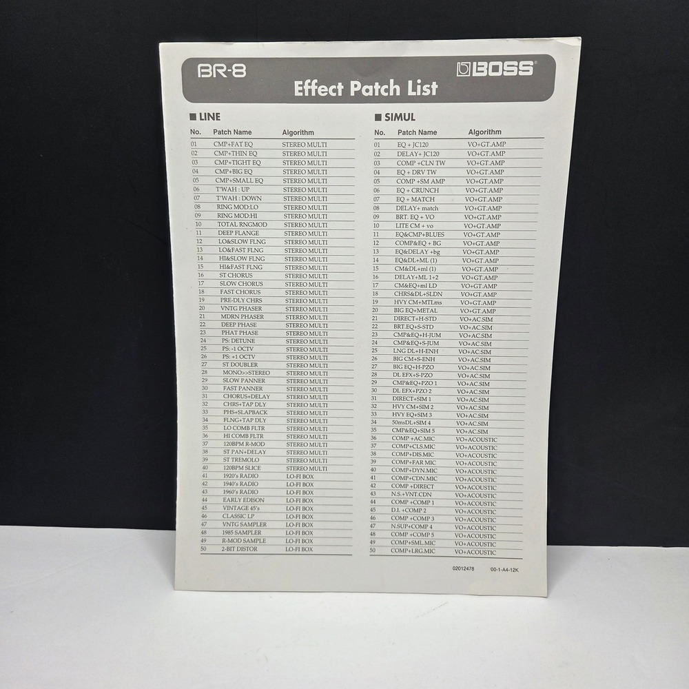 Boss BR-8 Effect Patch List Reference Guide Manual Sheet Digital Studio Recorder